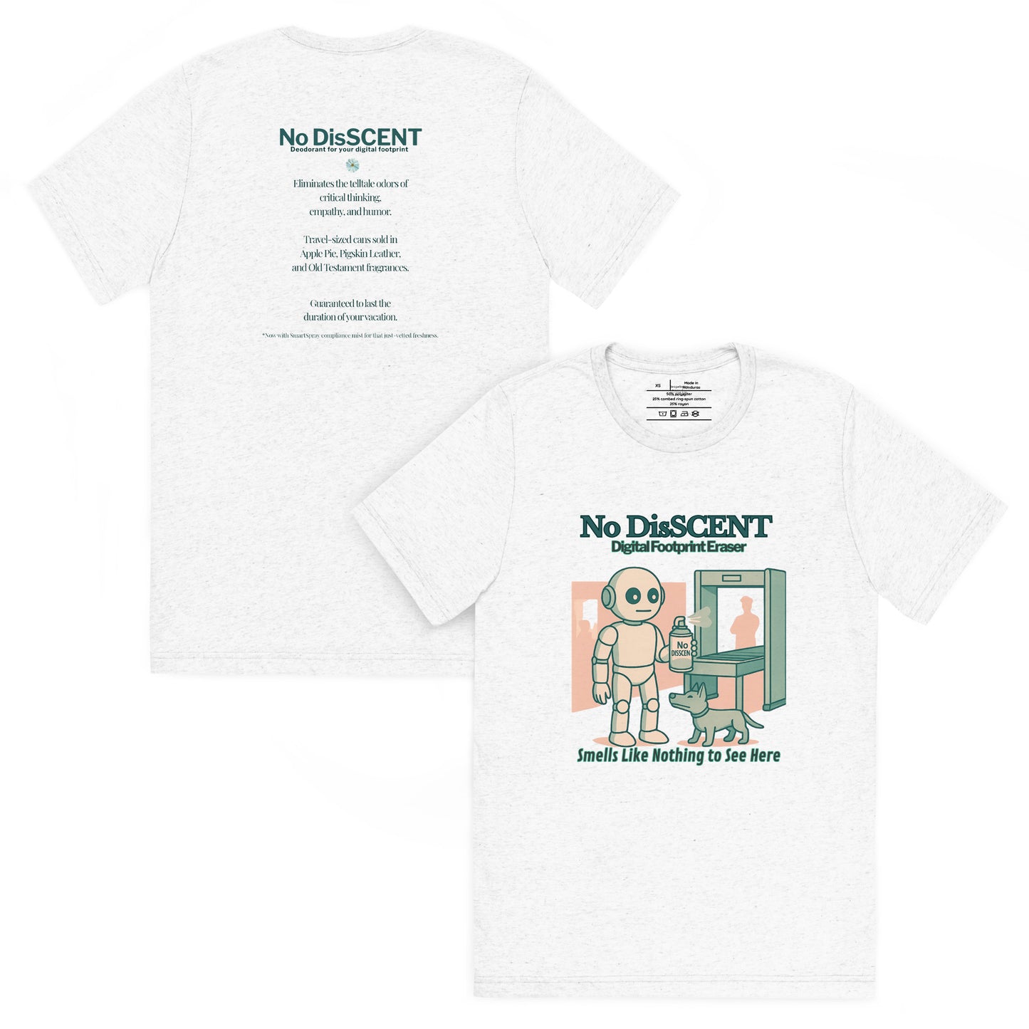 Back and front mockups of Intentional Error's No DisSCENT graphic T-shirt in white.