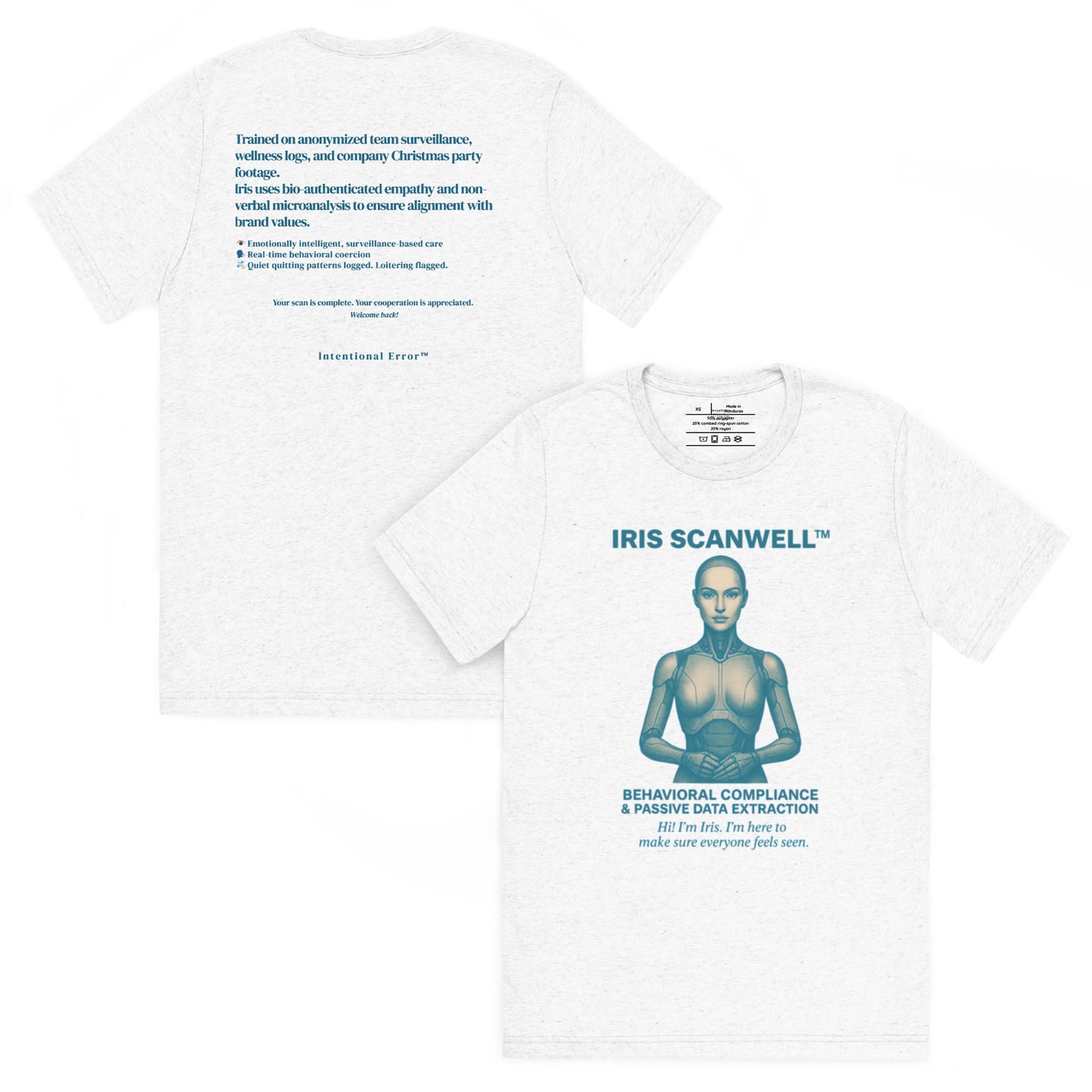 Back and front mockups of Intentional Error's Iris Scanwell graphic T-shirt in white.