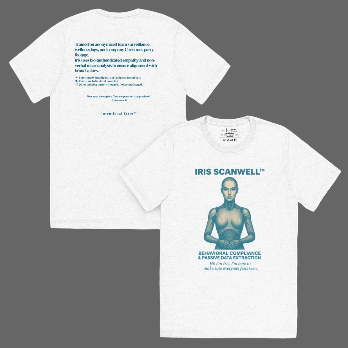 Back and front mockups of Intentional Error's Iris Scanwell graphic T-shirt in white.