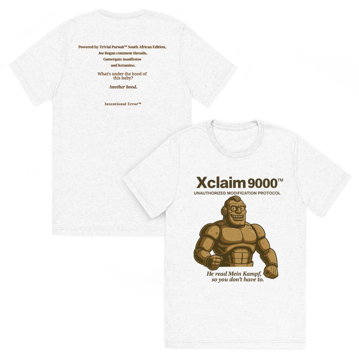 Front and back mockups of Intentional Error's graphic tee Xclaim 9000 depicting the Grok-inspired front tile, and parody ad text on the back.