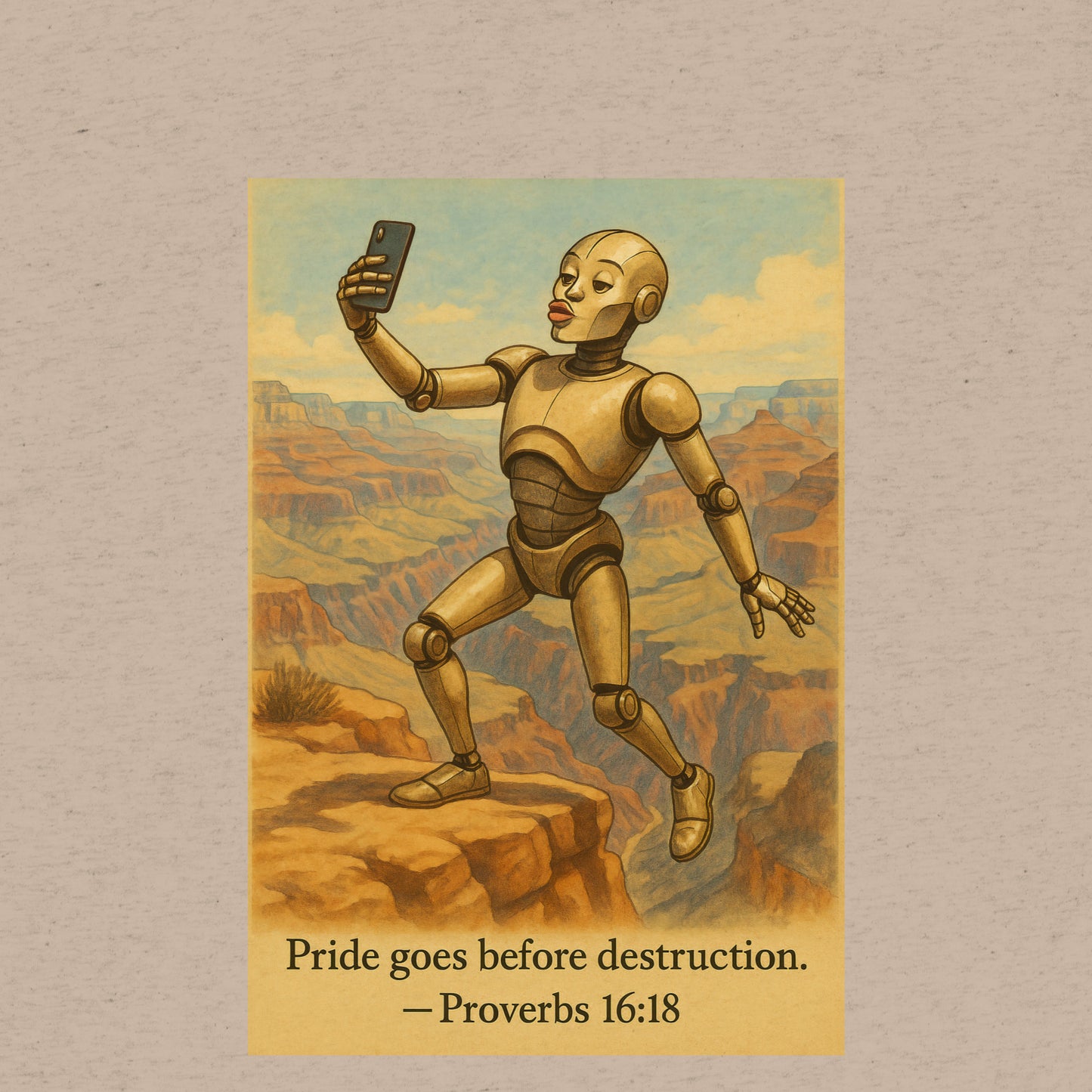 T-shirt featuring a robot taking a duck-lip selfie at the Grand Canyon with caption: “Pride goes before destruction.”