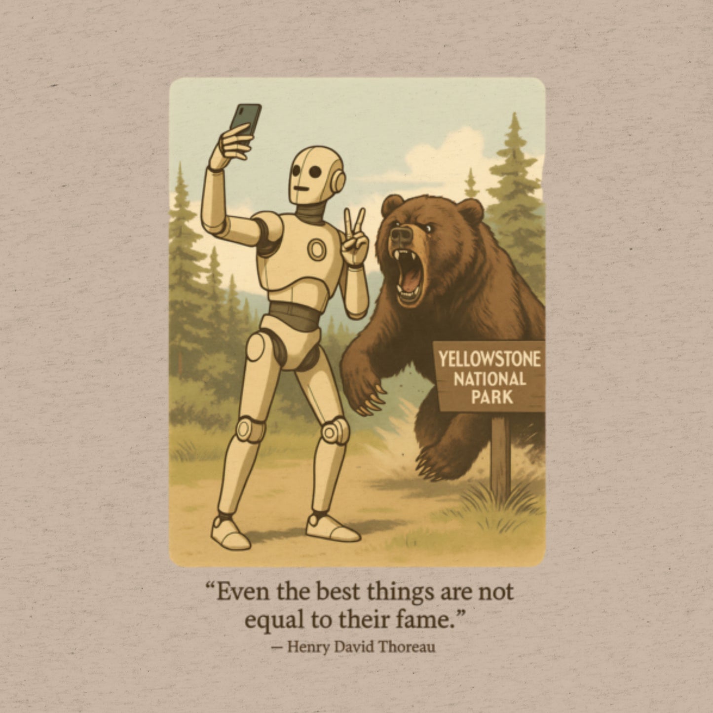 T-shirt featuring a robot taking a selfie in front of a roaring bear at Yellowstone National Park. Satirical AI influencer design.