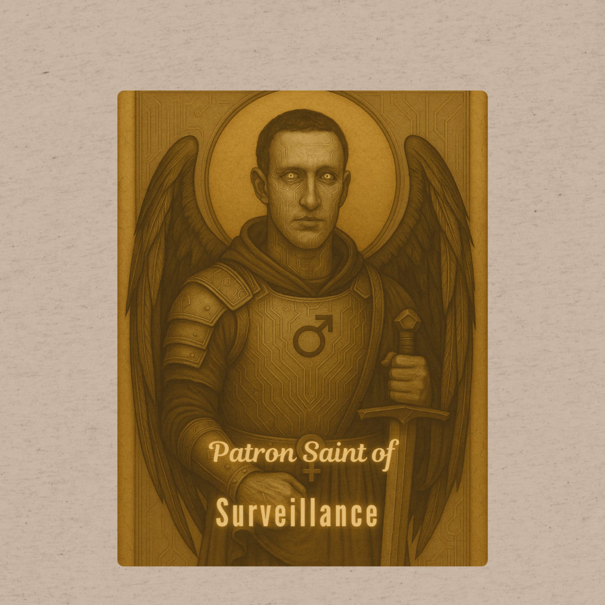 Illustration of an angelic figure with text 'Patron Saint of Surveillance' on a beige t-shirt background