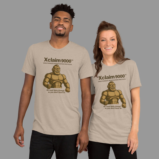 Two people, male and female wearing Intentional Error's tan graphic t-shirt with displaying the grok-inspired Xclaim 9000 design