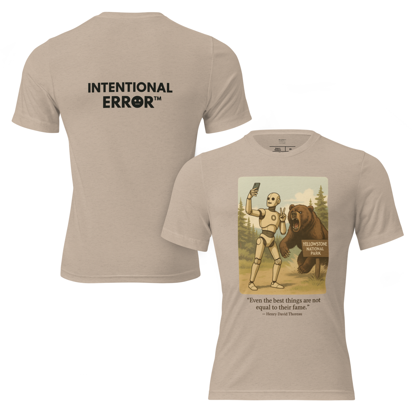 T-shirt featuring a robot taking a selfie in front of a roaring bear at Yellowstone National Park. Satirical AI influencer design.