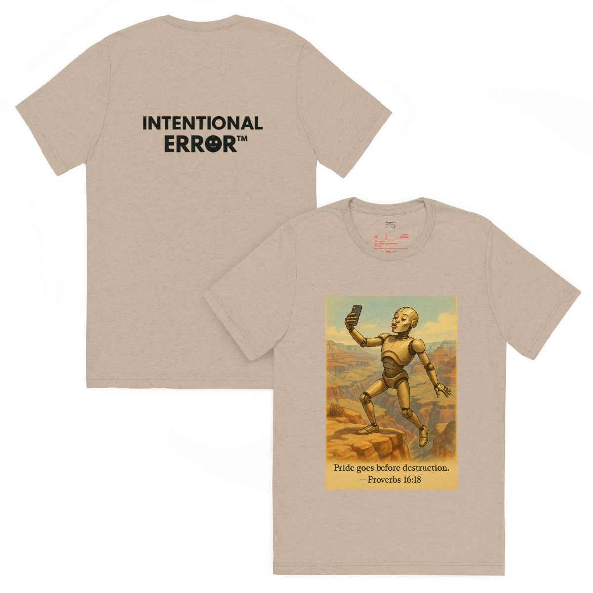 Back and front mockups of Intentional Error's Duck Lips on the Edge graphic T-shirt in tan.