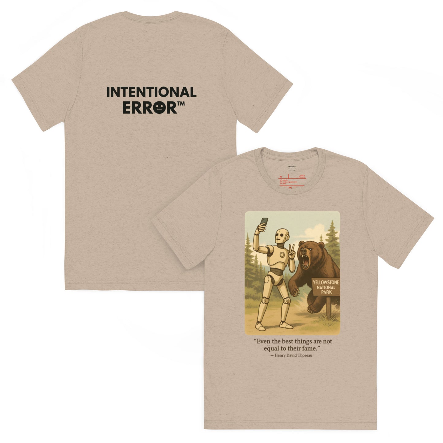Back and front mockups of Intentional Error's Bearly Surviving graphic T-shirt in tan.