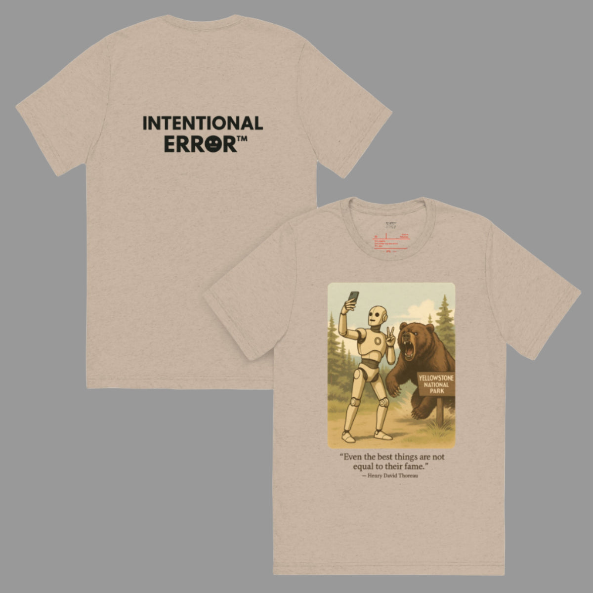 Back and front mockups of Intentional Error's Bearly Surviving graphic T-shirt in tan.