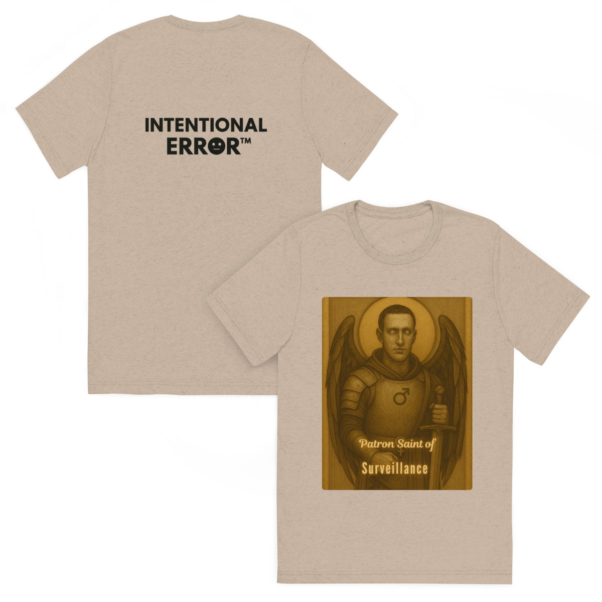 Beige t-shirt with 'Intentional Error' text on the back and a winged-man graphic on the front.
