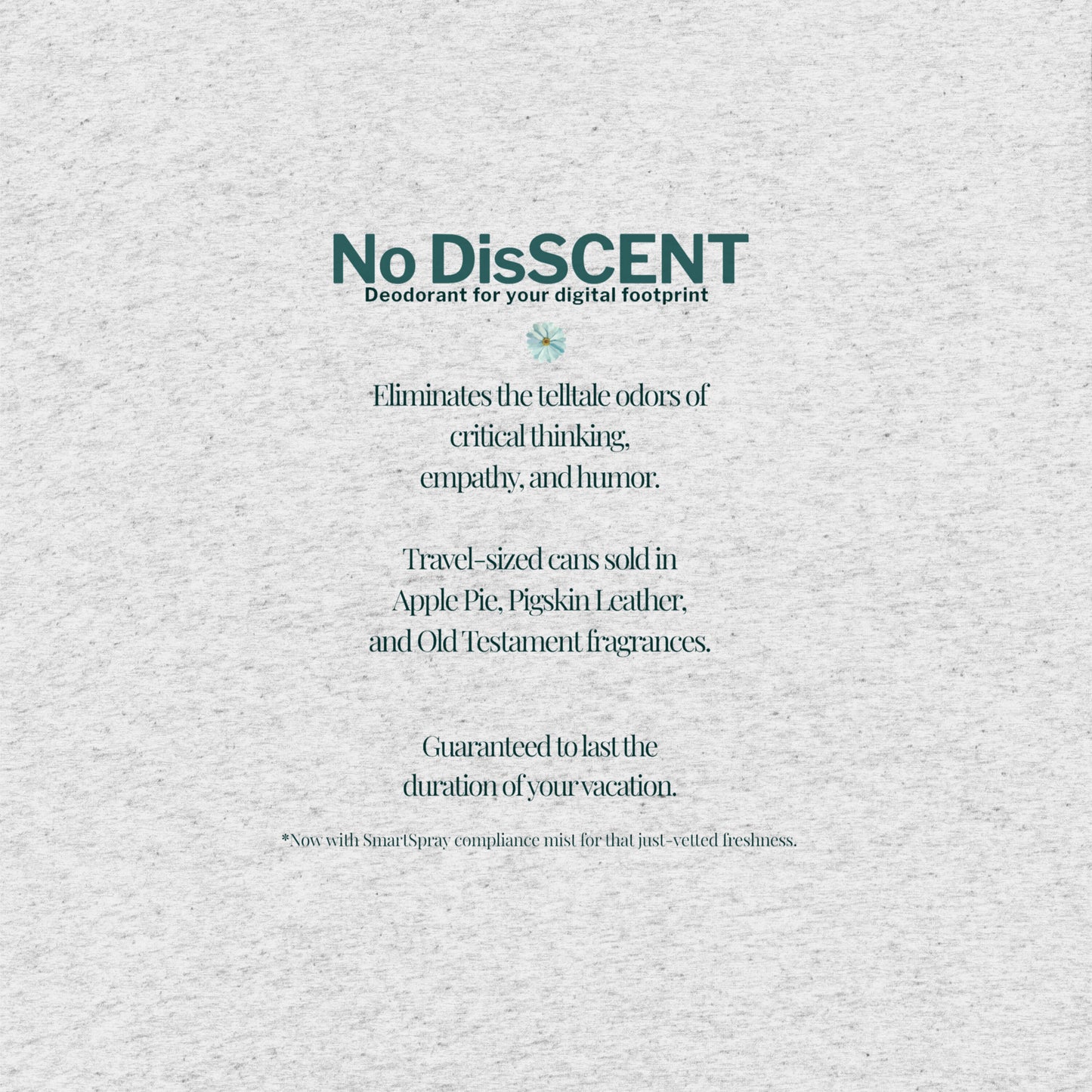 No DisSCENT shirt back tile – satirical copy listing Apple Pie and Pigskin Leather surveillance-friendly scents