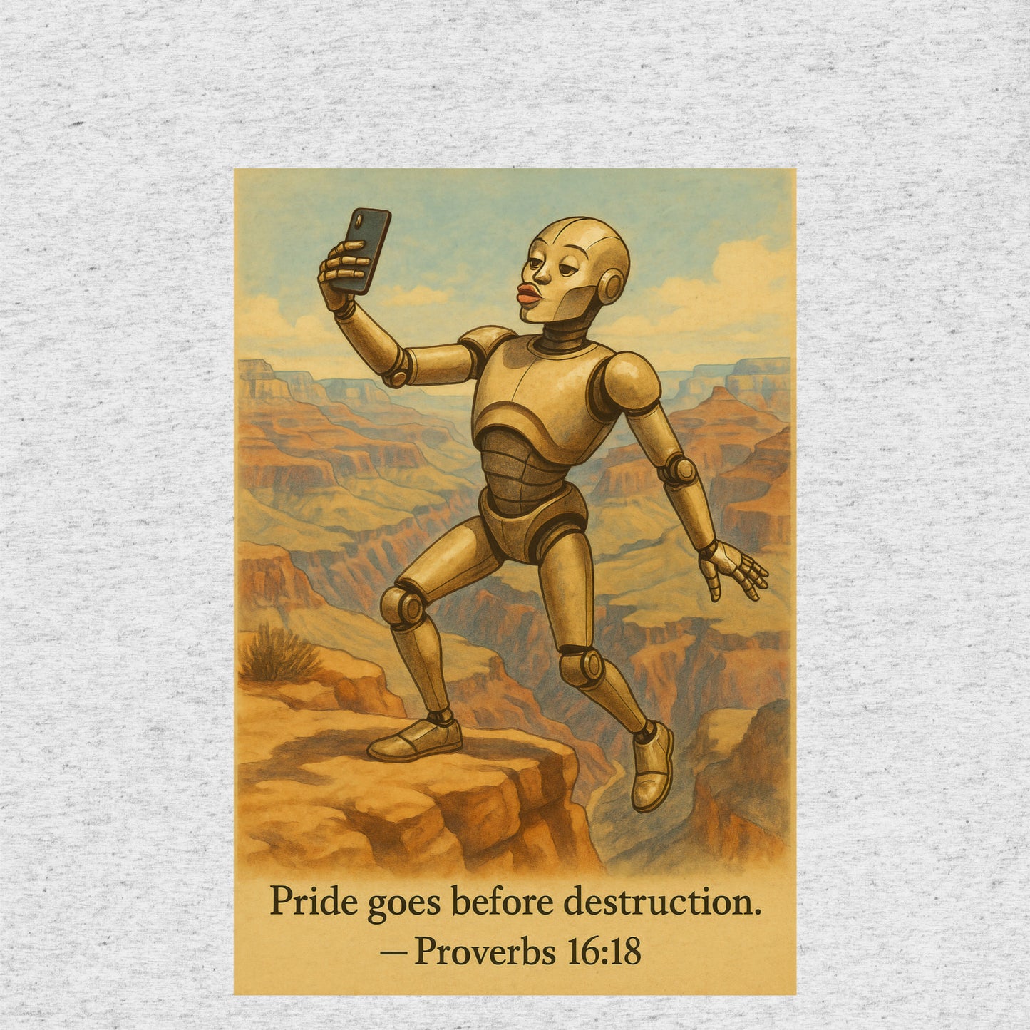 T-shirt featuring a robot taking a duck-lip selfie at the Grand Canyon with caption: “Pride goes before destruction.”