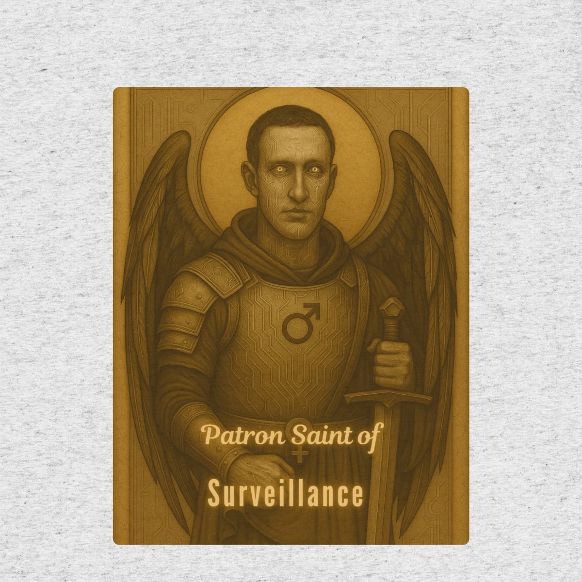 Illustration of an armored angelic figure with text 'Patron Saint of Surveillance' on a textured background. Graphic design from The Overlords tee collection