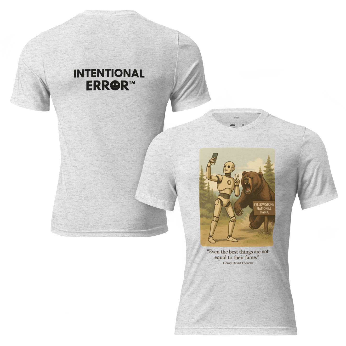 T-shirt featuring a robot taking a selfie in front of a roaring bear at Yellowstone National Park. Satirical AI influencer design.