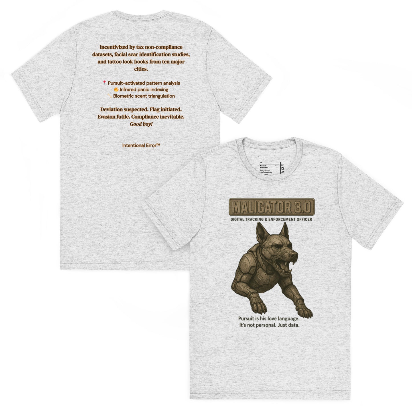 Back and front mockups of Intentional Error's Maligator 3.0 graphic T-shirt in white fleck.
