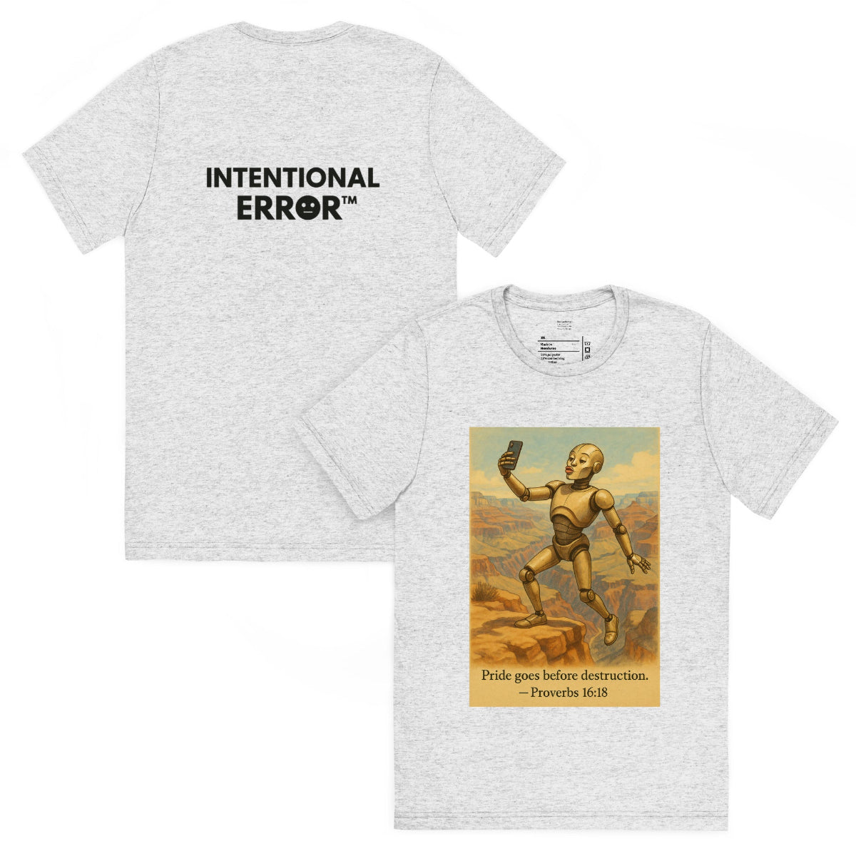 Back and front mockups of Intentional Error's Duck Lips on the Edge graphic T-shirt in white fleck.