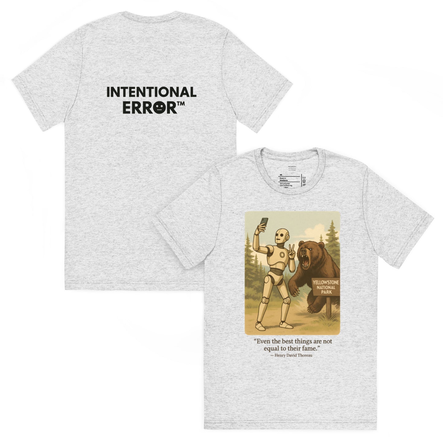 Back and front mockups of Intentional Error's Bearly Surviving graphic T-shirt in white fleck.