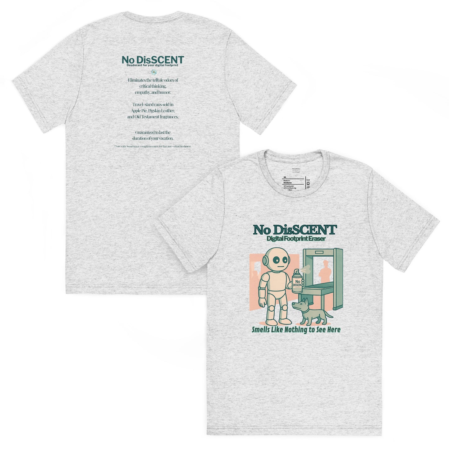 Back and front mockups of Intentional Error's No DisSCENT graphic T-shirt in white fleck.