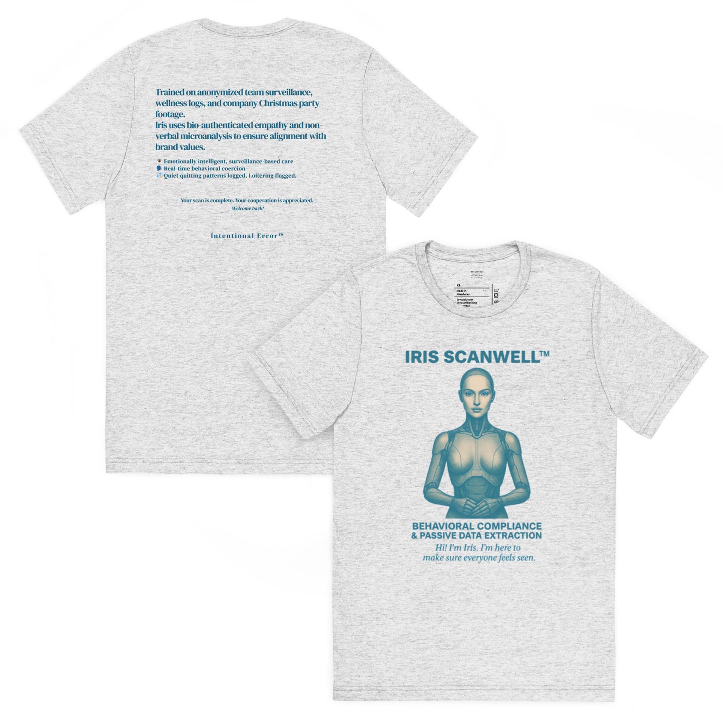 Back and front mockups of Intentional Error's Iris Scanwell graphic T-shirt in white fleck.