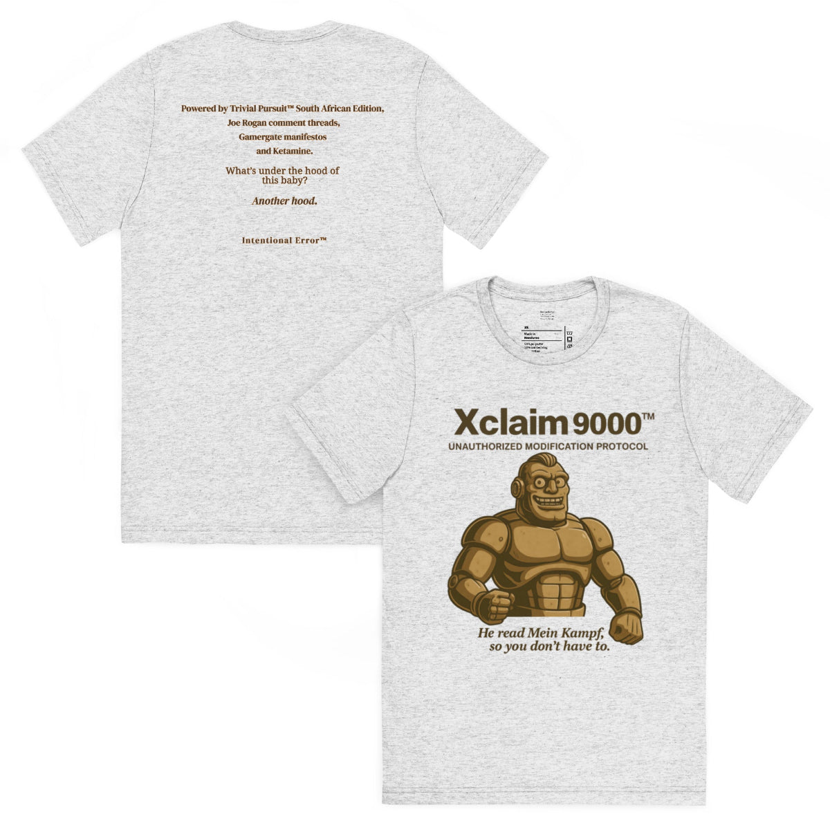 Back and front mockups of Intentional Error's Xclaim 9000 graphic T-shirt in white fleck.