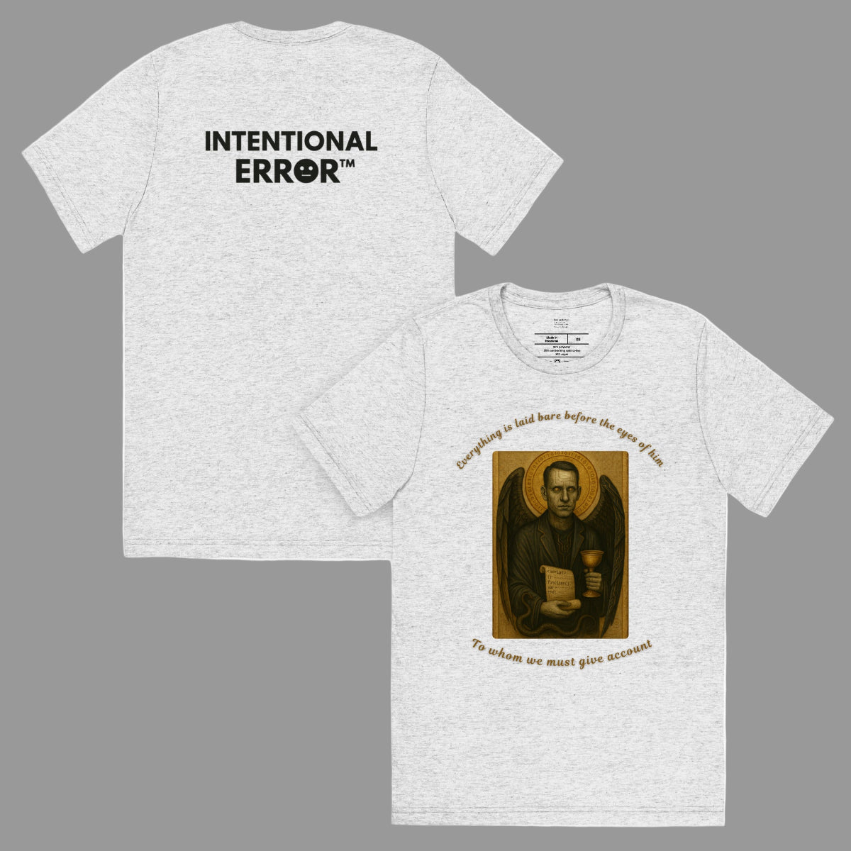 Gray crew-neck t-shirt with 'Intentional Error' text on the back and religious iconography-themed design on the front.