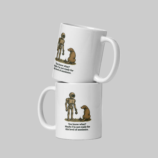 Mock up showing both sides of Intentional Error's Robot Sentience Dog Poop mug.