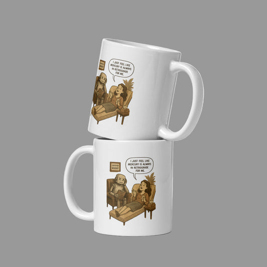 Mockup of both sides of Intentional Error's Mercury Retrograde mug.