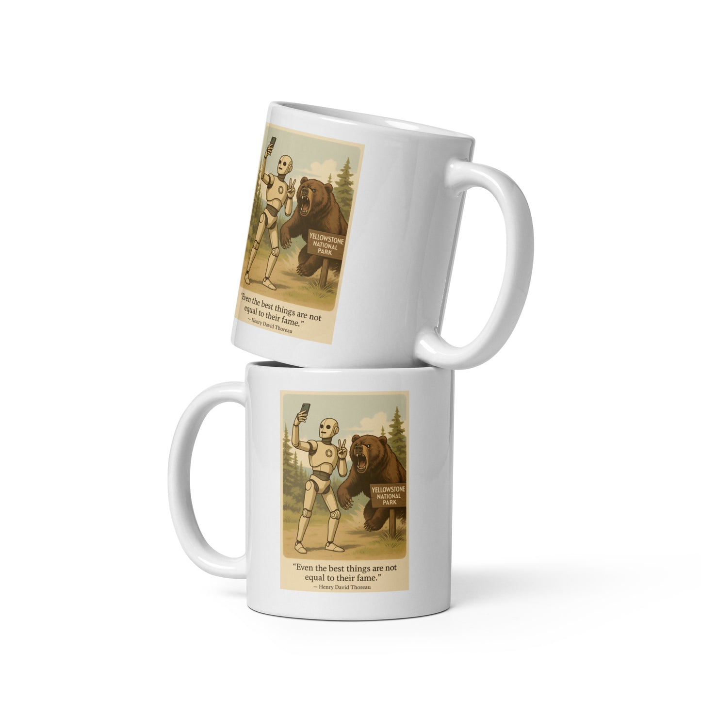 Two white mugs with vintage-style illustrations of a robot and bear on a white background