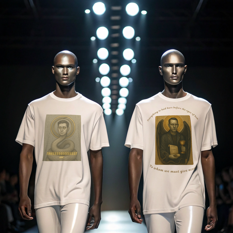 Two mahogany humanoid robots show off a selection from Intentional Error's The Overlords collection on a fictional fashion runway.