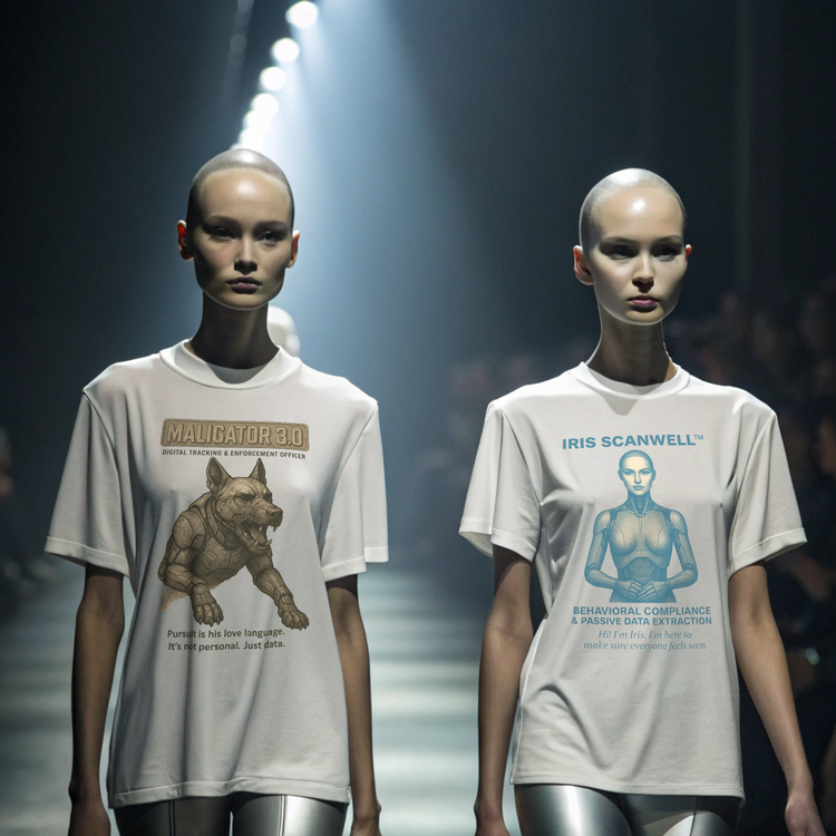 Two futuristic models wear Iris Scanwell and Maligator 3.0 AI parody t-shirts, under stark runway lights, evoking a sterile surveillance future.