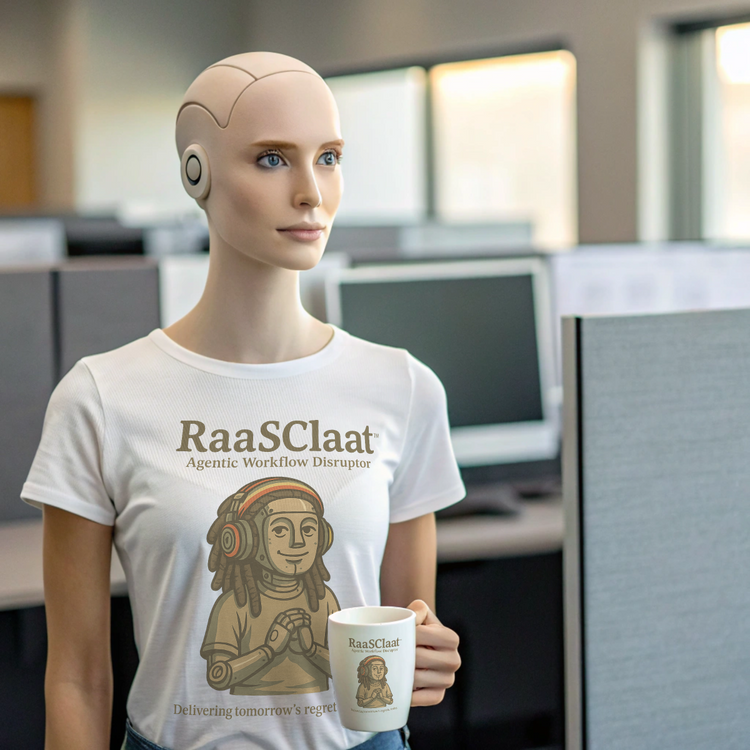 Female android standing outside her work cubicle sporting a T-shirt and mug with Intentional Error's RaaSClaat design.
