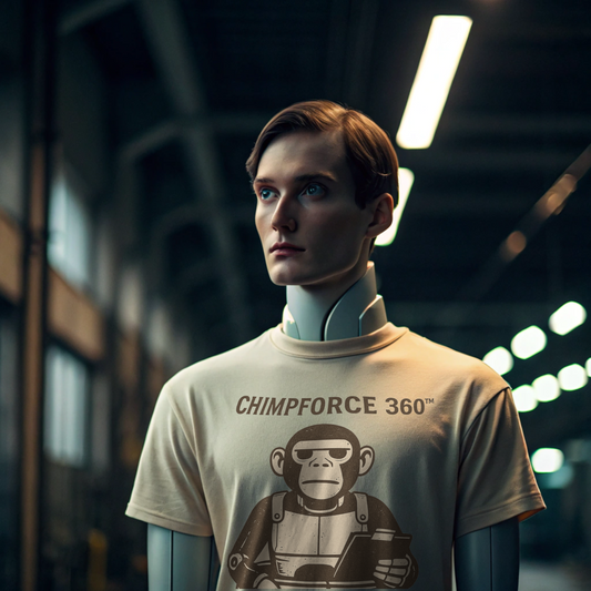 T-shirt mockup of Intentional Error's Chimpforce 360 shirt featuring a chimp peeking out of a sales funnel