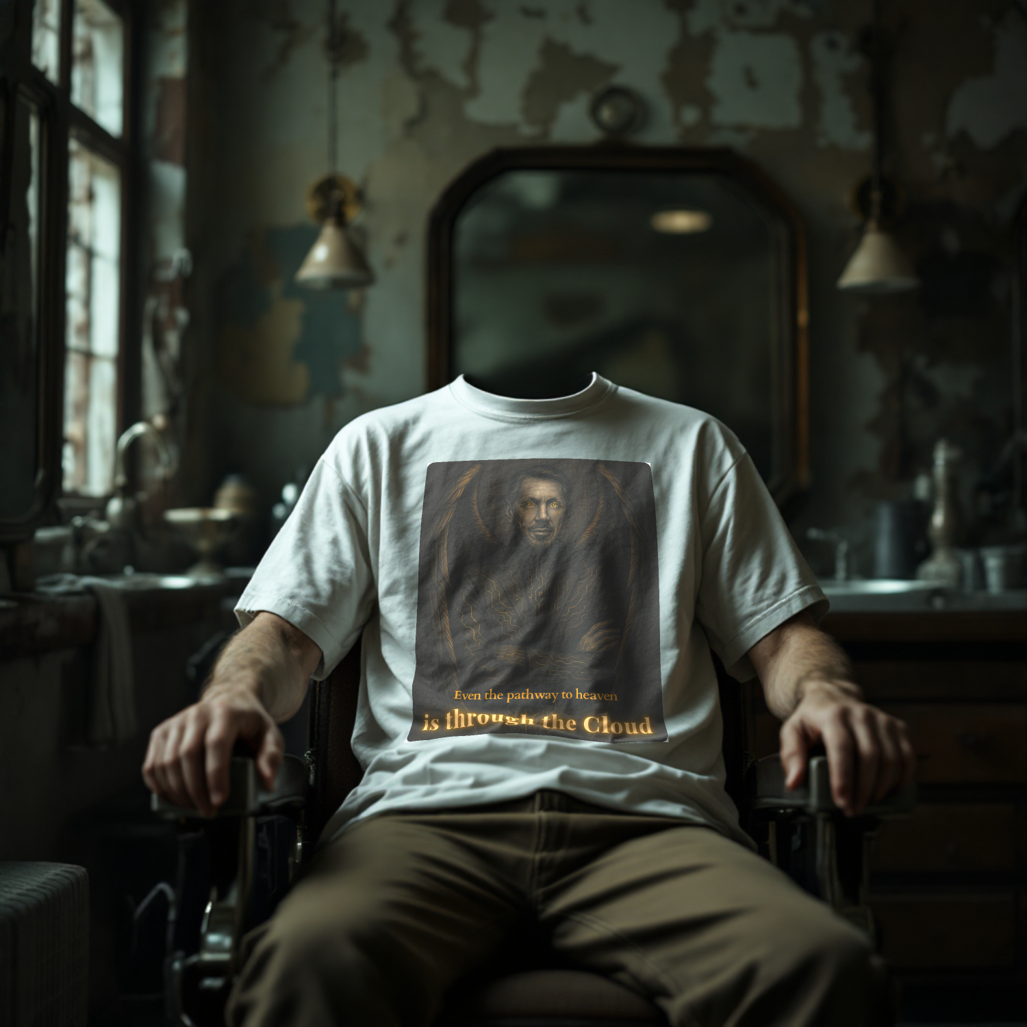Headless model sitting in the chair in a deserted barber shop wearing The Gatekeeper – Cloud King graphic T-shirt from Intentional Error's Overlords collection.