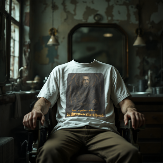 Headless model sitting in the chair in a deserted barber shop wearing The Gatekeeper – Cloud King graphic T-shirt from Intentional Error's Overlords collection.