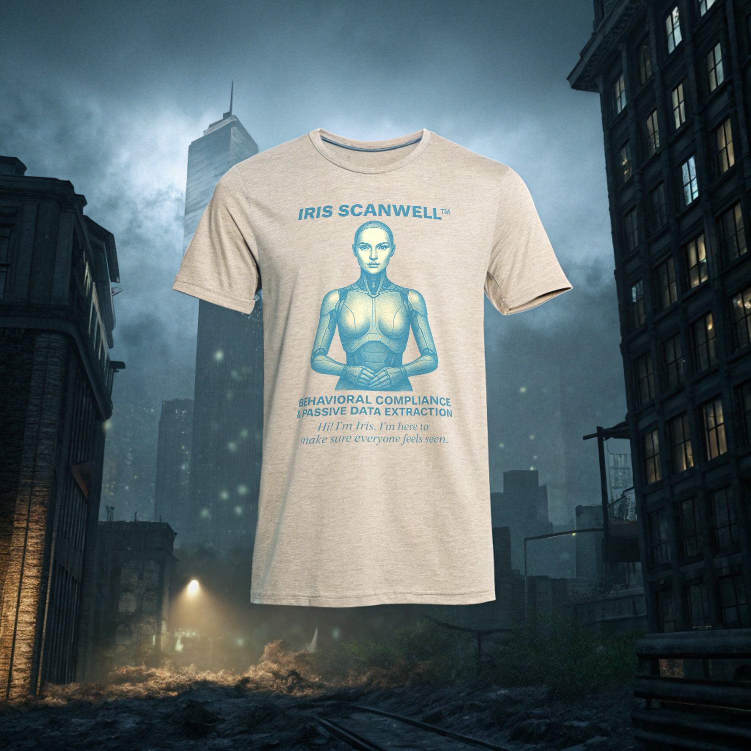 Ghost dummy mockup of Intentional Error's Iris Scanwell graphic tee design against a dystopian cityscape at night.
