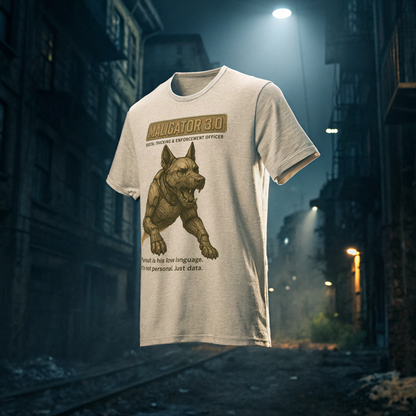 Ghost dummy T-shirt mockup bearing Intentional Error's Maligator 3.0 graphic design against a rundown nighttime city background.