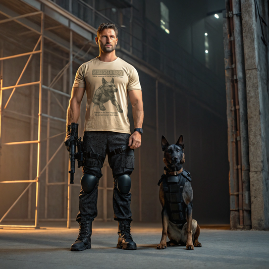 Man who could be a government employee wearing the beige t-shirt with the Maligator 3.0 image on its front, standing next to a Belgian Malinois dog