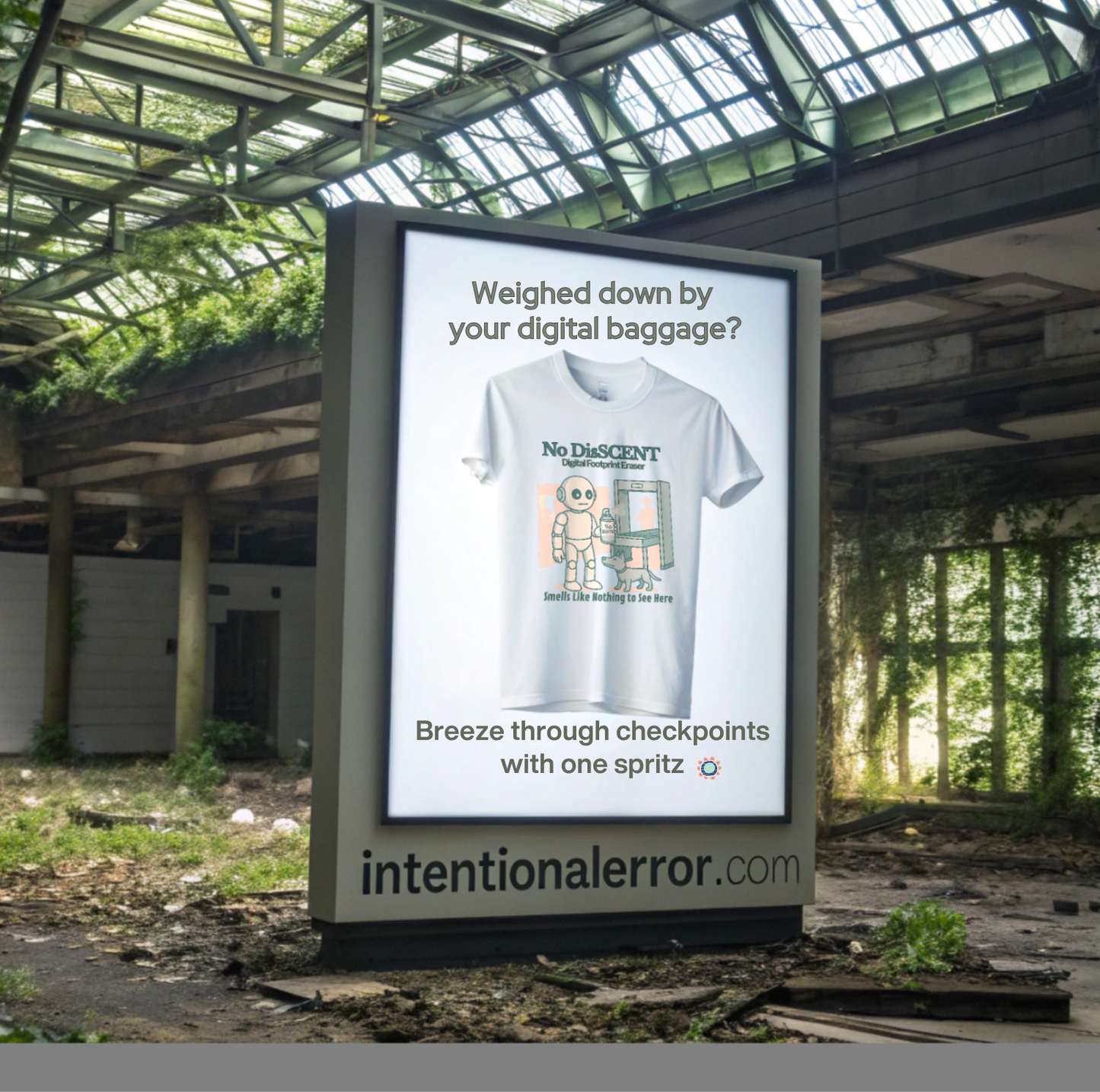 Digital billboard in an abandoned airport terminal with a t-shirt advertisement for Intentional Error's No DisSCENT graphic tee and 'intentionalerror.com' branding.