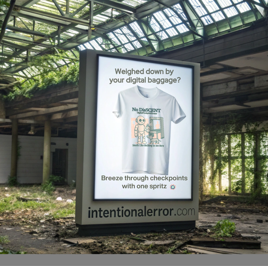 Digital billboard in an abandoned airport terminal with a t-shirt advertisement for Intentional Error's No DisSCENT graphic tee and 'intentionalerror.com' branding.