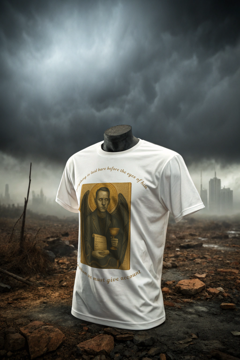 Solid White tee ghost mockup of Intentional Error's Shadow President – The Watcher graphic shirt design against a desolate night time cityscape.
