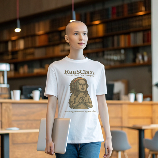 Humanoid digital nomad in a coffee shop wearing Intentional Error's RaaSClaat agentic AI parody graphic tee
