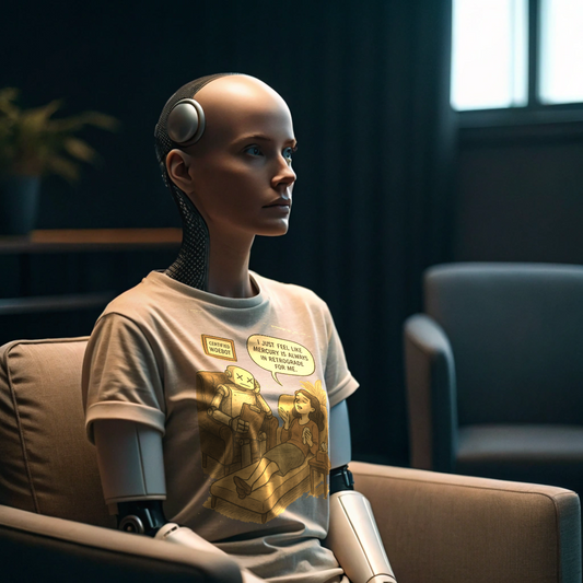 Bald female robot sits in a chair in her therapist's waiting room wearing Intentional Error's Mercury Retrograde graphic T-shirt.