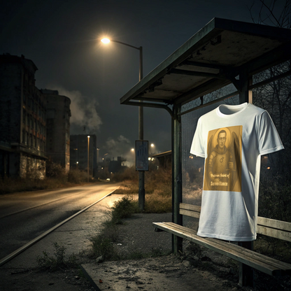 Ghost dummy mockup levitating over a lonely bus stop at night. The graphic t-shirt bears Intentional Error's The Paladin | Patron Saint of Surveillance from their Overlord collection.
