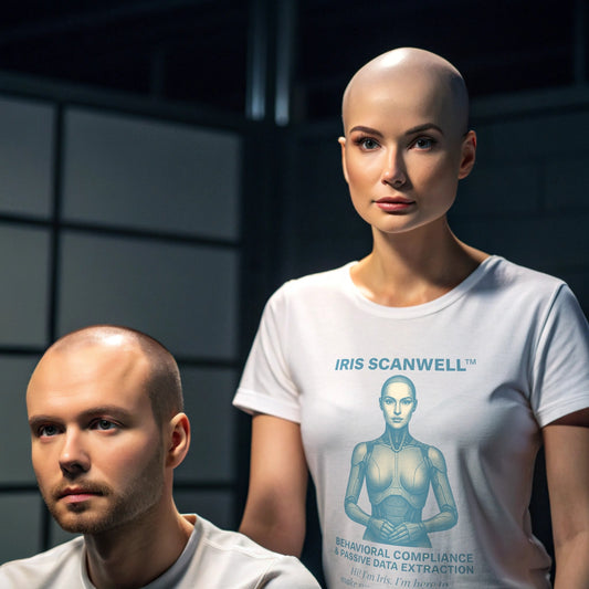 AI compliance officer Iris Scanwell stands behind a male subject in an interrogation room, wearing a satirical workplace surveillance t-shirt from Intentional Error’s BeigeBots™ collection. 