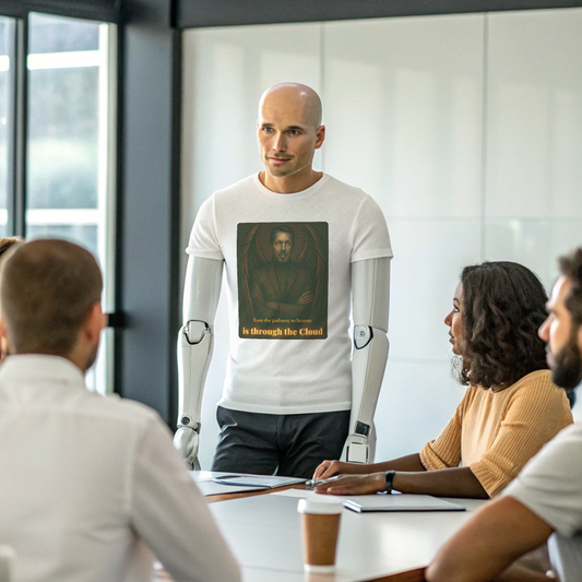 Robot leading a Board meeting wearing an Intentional Error T-shirt design called The Gatekeeper.
