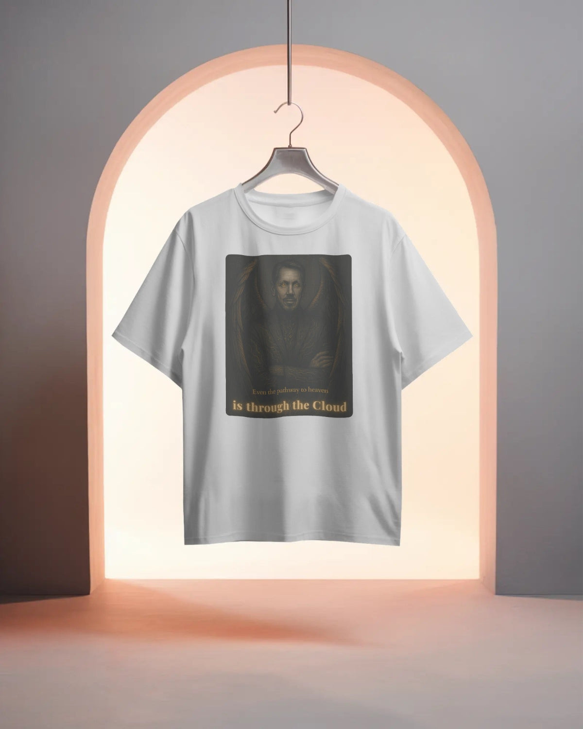 White T-shirt on a hangar showing Intentional Error's The Gatekeeper – Cloud King graphic tee design 