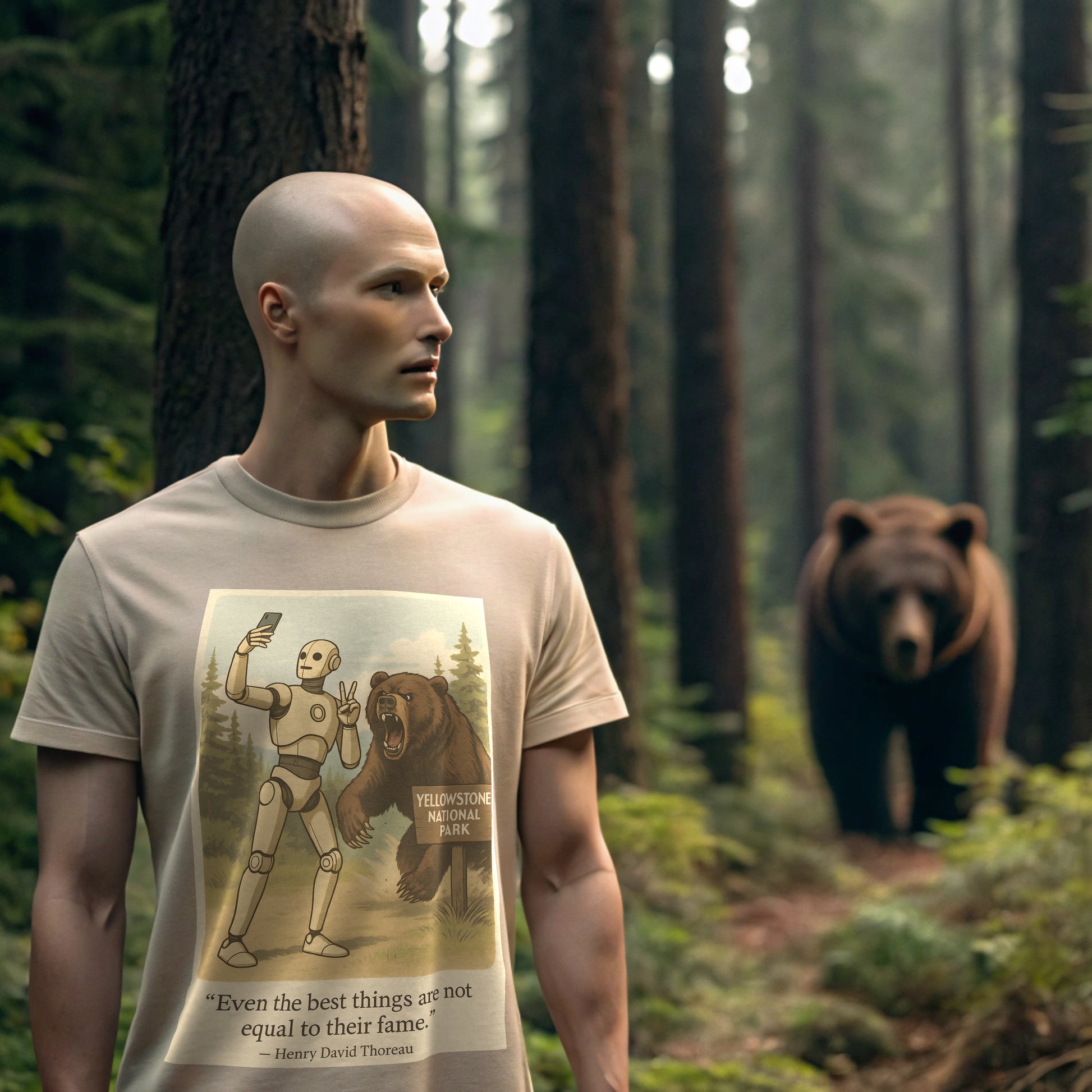 AI humanoid influencer robot hiking in a forest, wearing a satirical Yellowstone t-shirt featuring a bear selfie and Thoreau quote. A real grizzly bear lurks behind him. Ideal for nature satire, influencer commentary, and AI fashion mockups.