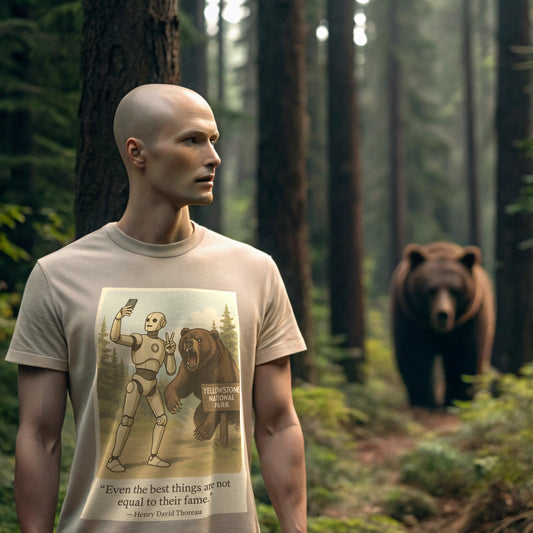 AI humanoid influencer robot hiking in a forest, wearing a satirical Yellowstone t-shirt featuring a bear selfie and Thoreau quote. A real grizzly bear lurks behind him. Ideal for nature satire, influencer commentary, and AI fashion mockups.