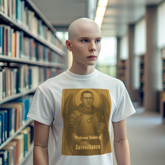 Male humanoid robot walking the stacks at college wearing Intentional Error's The Paladin graphic T-shirt from The Overlords collection. 
