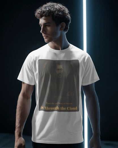 Young male model standing in front of a stylized neon light wearing Intentional Error's The Gatekeeper – Cloud King graphic tee in white.