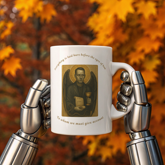 Mug with an angel illustration and text design by Intentional Error held by a robot hand against an autumn leaf background